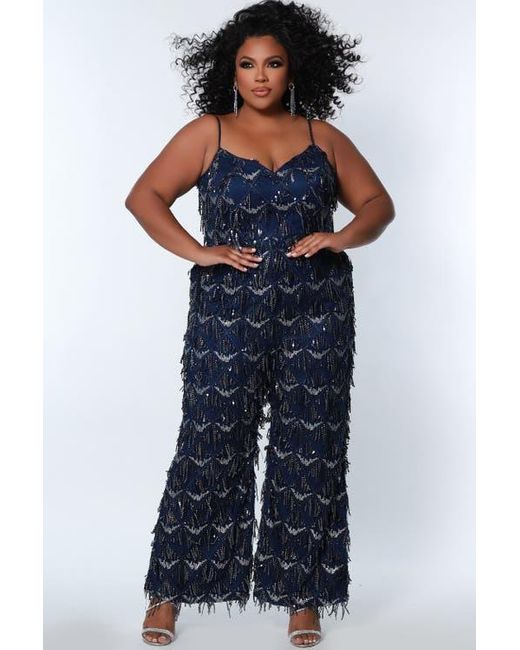 Sydney's Closet Blue Spaghetti Strap Sequin Fringe Plus Size Jumpsuit