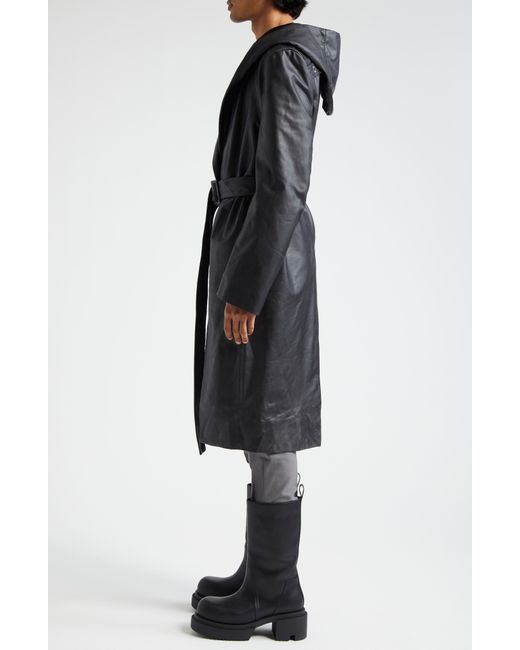 Rick Owens Black Hooded Leather Wrap Coat for men