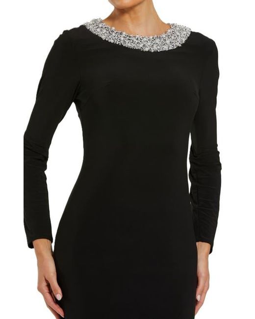 Mac Duggal Black Jersey Long Sleeve Fitted Gown With Beaded Neck