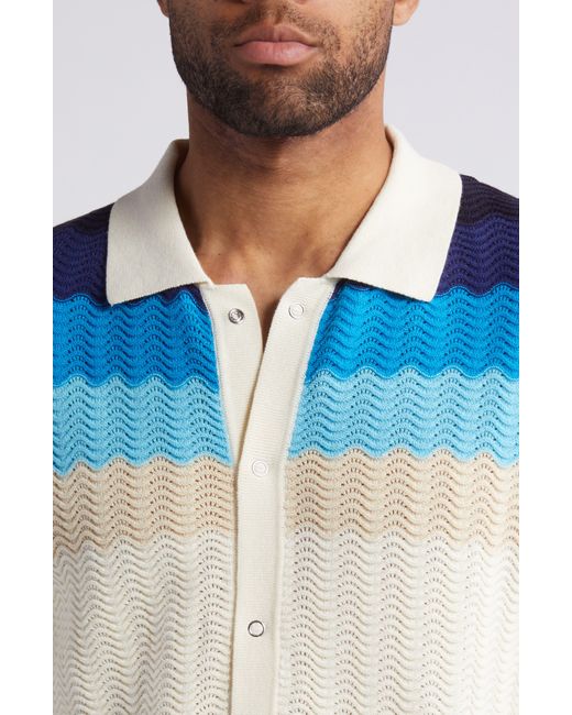 Percival Blue Gum Drop Wavy Stripe Short Sleeve Snap-up Cardigan for men