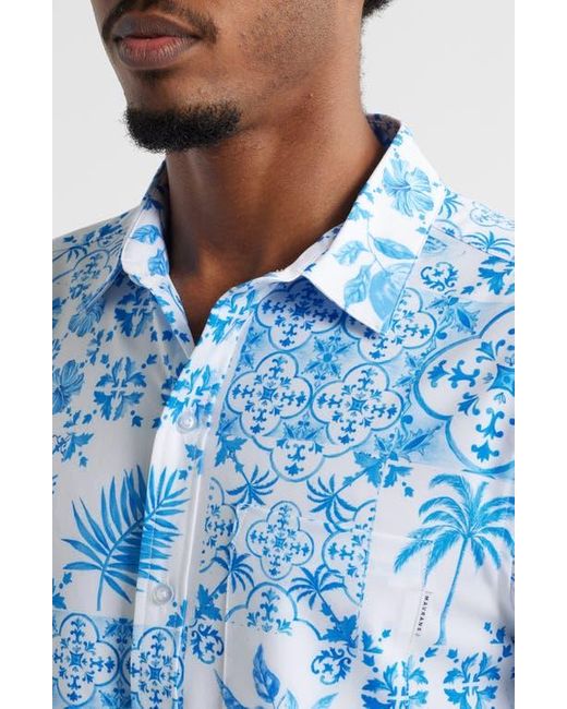 MAVRANS Blue Tropical Print Short Sleeve Performance Button-Up Shirt for men