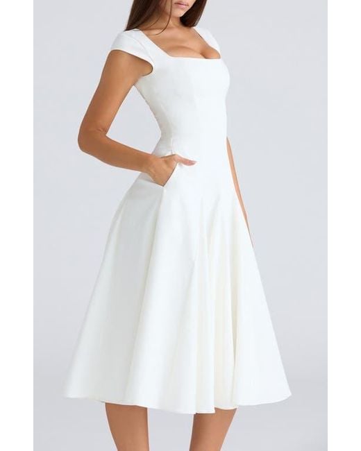 House Of Cb White Raisa Square Neck Twill Midi Dress