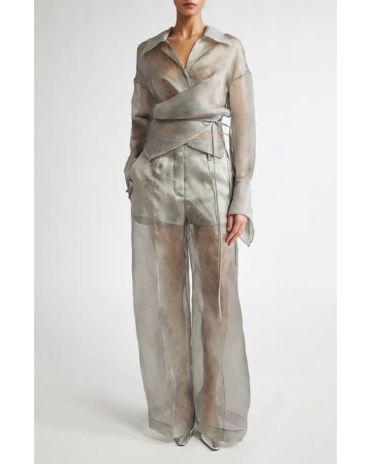 GRACE LING Fog Silk Organza Wrap Shirt in Gray | Lyst