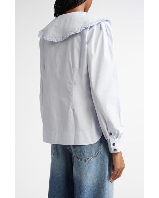 Ganni Blue Organic Cotton Poplin Ruffle Peter Pan Collar Button-Up Shirt