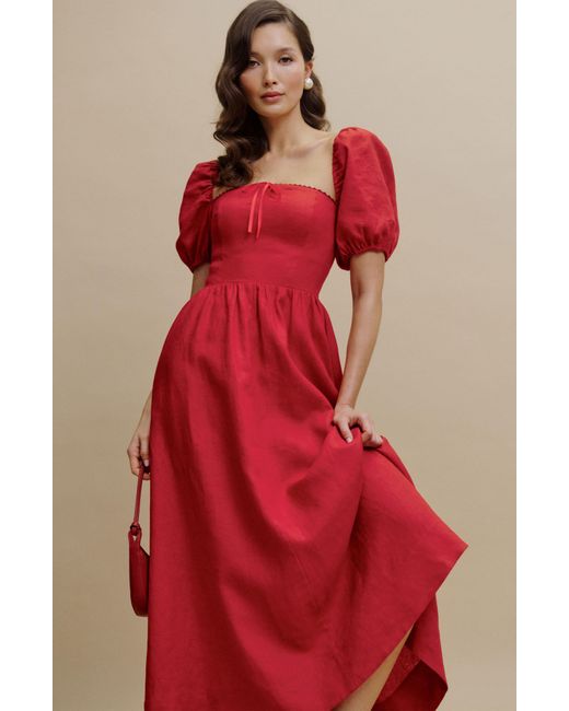 Reformation Red Marella Puff Sleeve Linen Dress