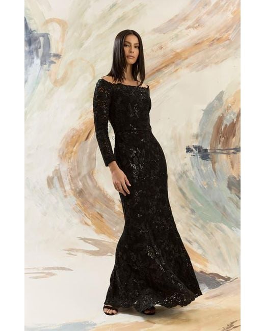 Maggy London Black Embellished Off The Shoulder Long Sleeve Gown