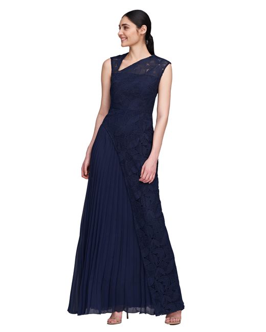 Kay Unger Blue Dianna Lace Pleated Gown