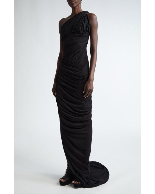 Rick Owens Black Lido Draped One-shoulder Cotton Jersey Gown With Train