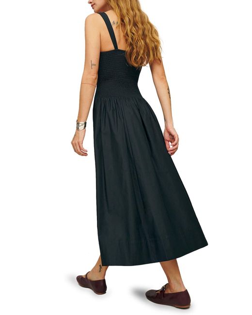 Reformation Black Sariah Smocked Organic Cotton Midi Dress