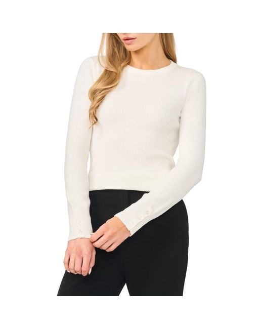 Halogen® White Button Cuff Rib Crewneck Sweater