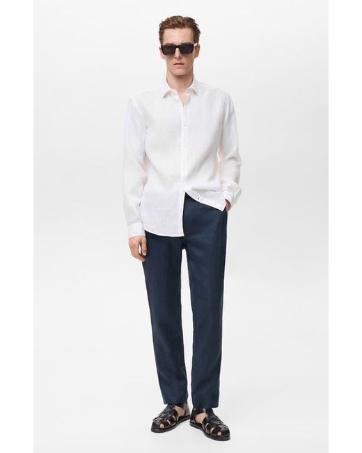 Mango White Regular Fit Linen Button-Up Shirt for men