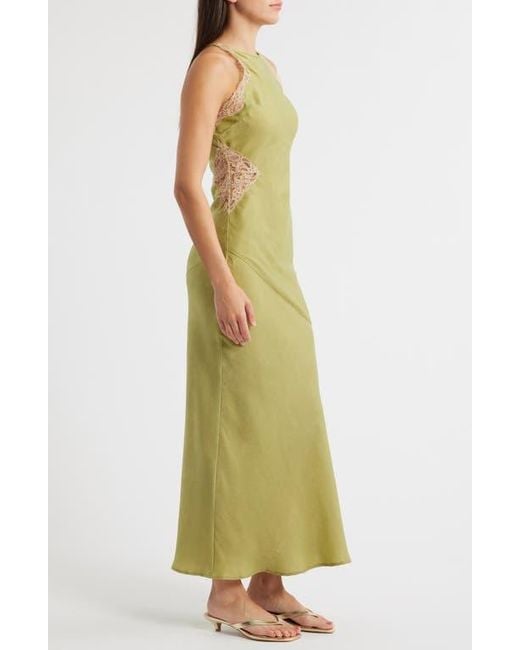 TOPSHOP Green Lace Inset Sleeveless Satin Midi Dress