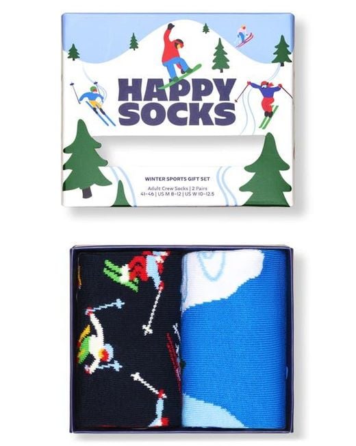 Happy Socks Blue Winter Sports Assorted 2-Pack Cotton Blend Crew Socks Gift Box for men