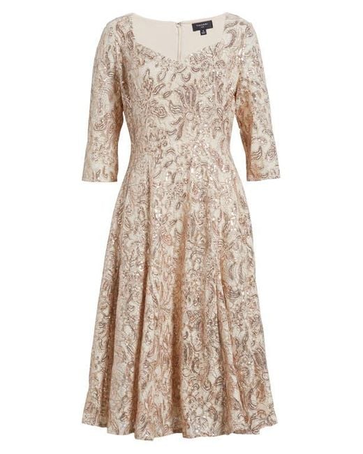 Tahari Natural Bead & Sequin A-Line Dress