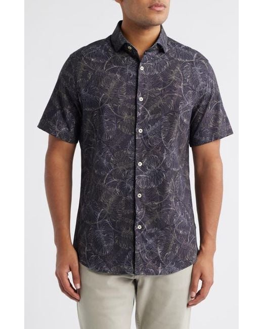 Stone Rose Black Jungle Monstera Palm Leaf Print Short Sleeve Stretch Cotton Blend Button-Up Shirt for men