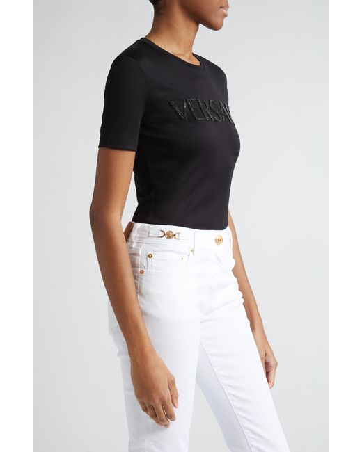 Versace Black Slim Fit Crystal Embellished Logo T-shirt