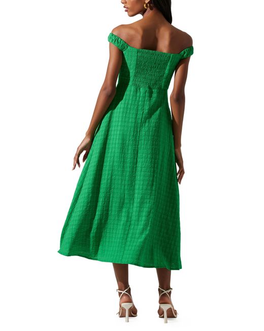 Astr Green Harlyn Off The Shoulder Textured Midi Dress