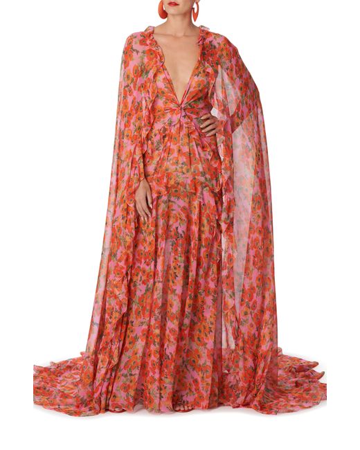 Carolina Herrera Red Anemone Print Caped Silk Chiffon Gown