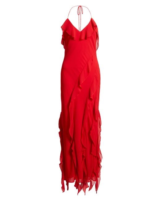 Wayf Red The Alice Halter Neck Ruffle Gown