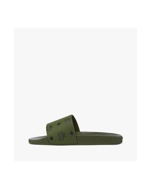 MCM Green Monogram Print Rubber Slides for men