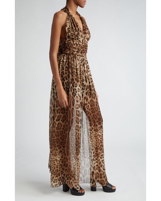 Dolce & Gabbana Multicolor Leopard Print Silk Chiffon Halter Dress