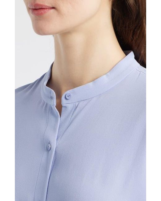 Eileen Fisher Blue Mandarin Collar Silk Button-Up Shirt