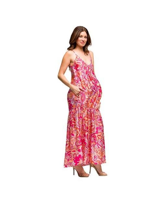 24seven Comfort Apparel Red Maternity Print Lightweight Spaghetti Strap Pocket Maxi Dress
