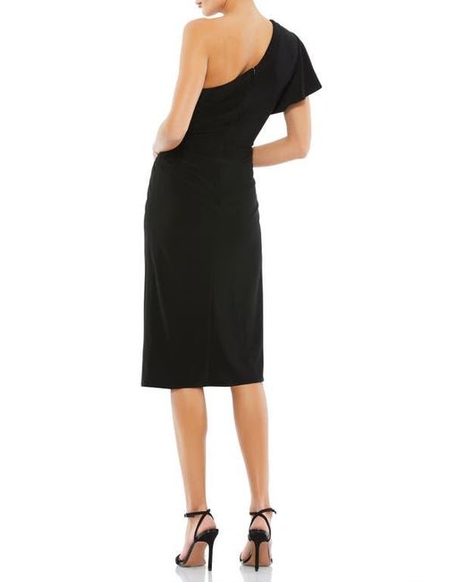 Mac Duggal Black One Shoulder Midi Length Jersey Dress
