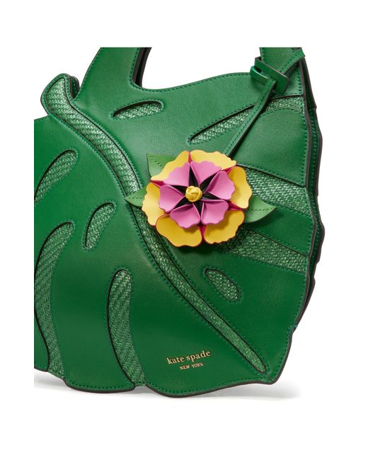 Kate Spade Green Playa 3d Leaf Leather & Straw Top Handle Bag