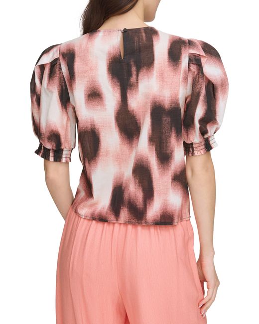 DKNY Pink Abstract Print Puff Sleeve Voile Top