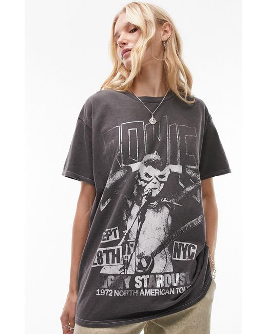 TOPSHOP Gray Bowie Oversize Cotton Graphic T-shirt