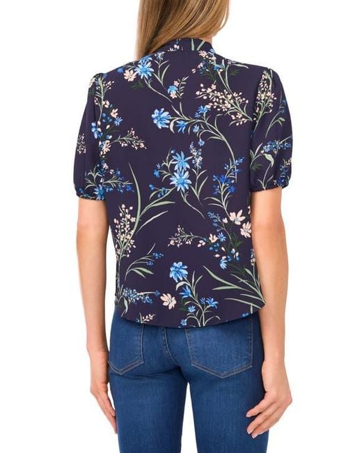 Cece Blue Floral Tie Neck Georgette Top