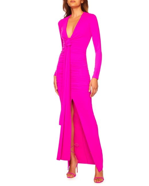 Susana Monaco Pink Plunge Neck Long Sleeve Body-con Dress