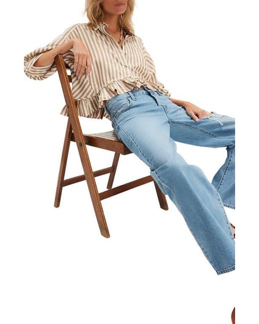Free People Blue Bailey Stripe Ruffle Hem Cotton Button-Up Shirt