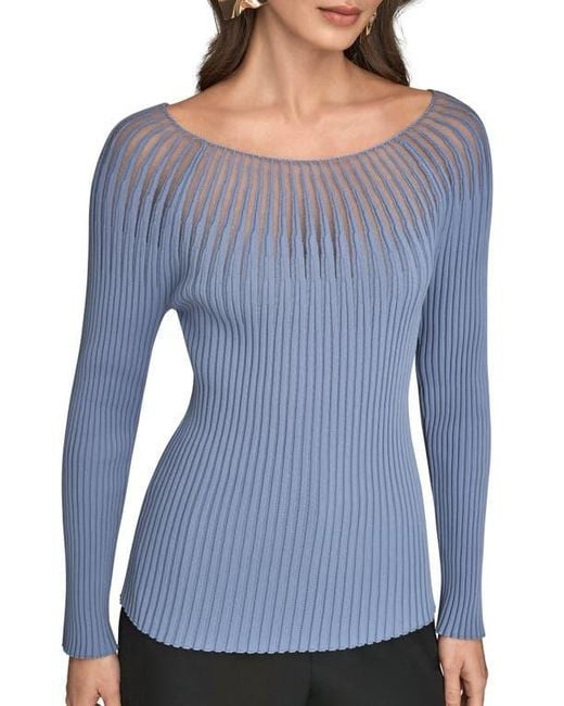 Donna Karan Blue Mixed Media Knit Top