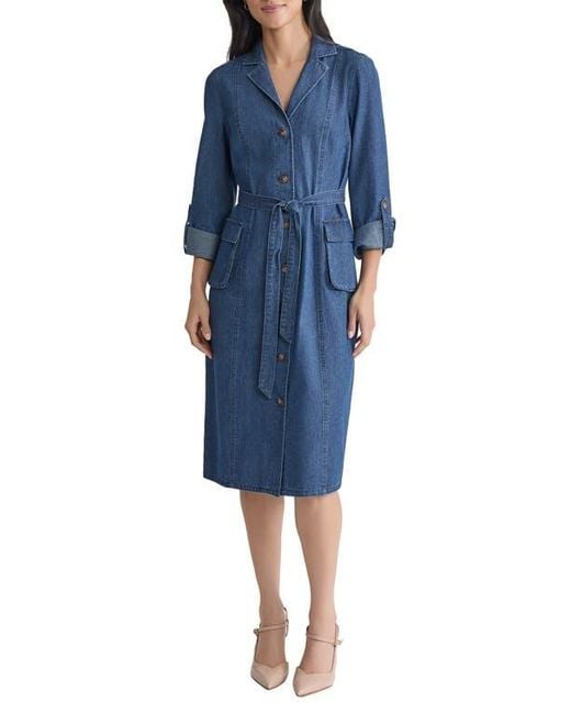Jones New York Blue Long Sleeve Cotton Denim Midi Shirtdress