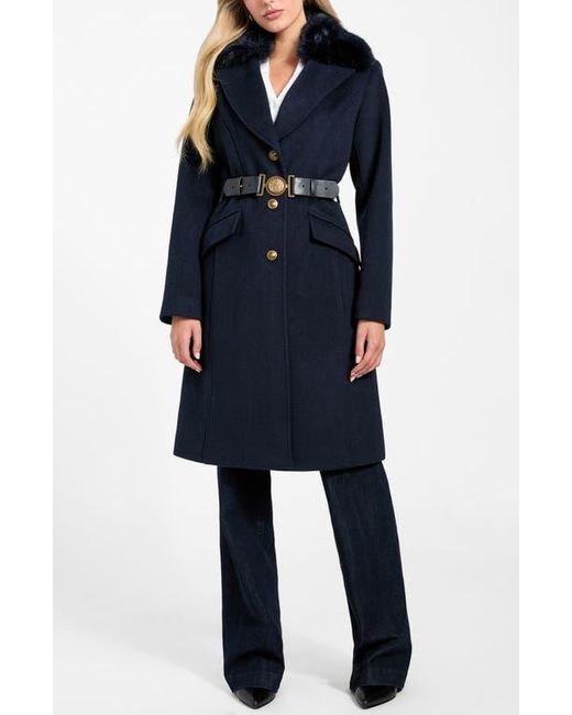 Guess Blue New Patrice Belted Coat With Removable Faux Fur Collar