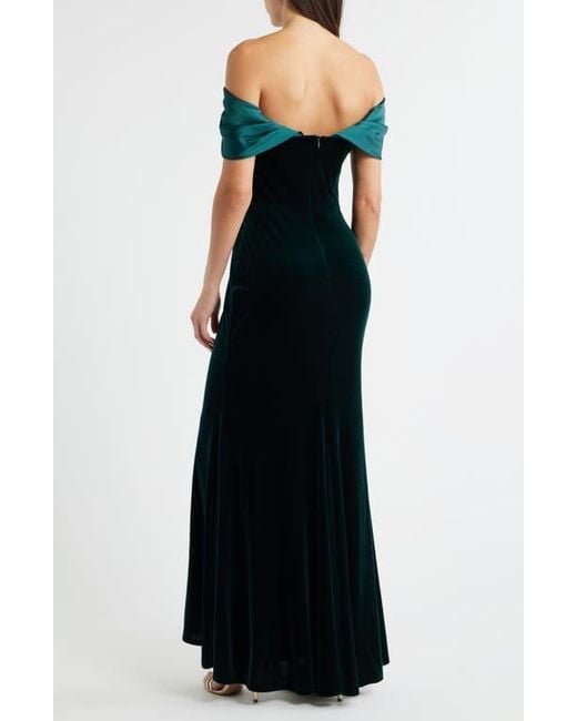 Eliza J Black Off The Shoulder Satin & Velvet Mermaid Gown