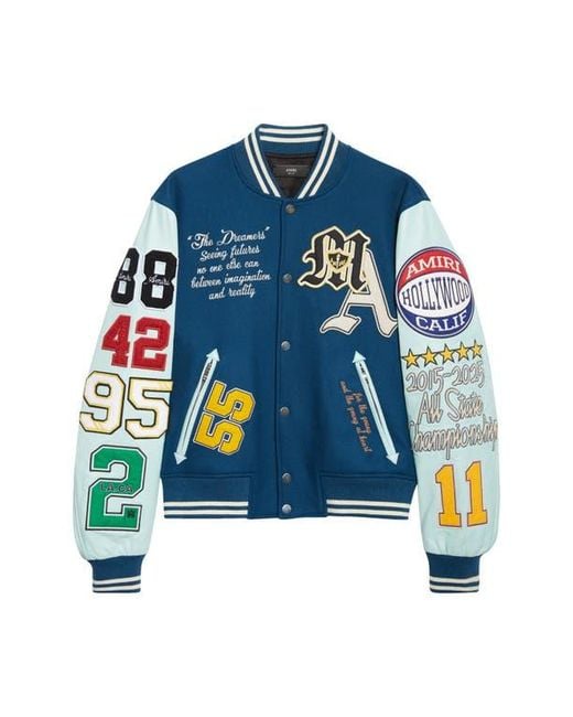 Amiri Blue Varsity Patch Wool Blend & Leather Jacket for men
