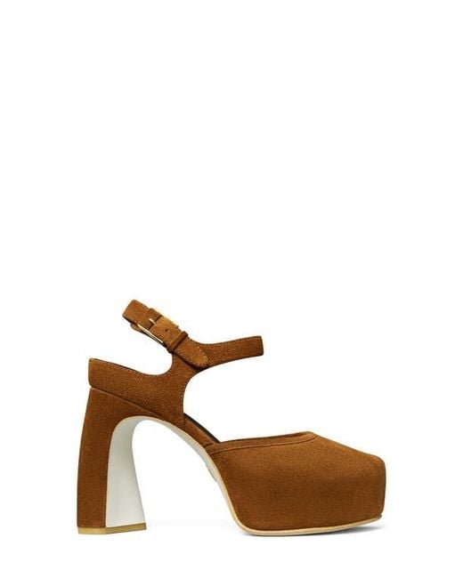 Tory Burch Brown Ankle Strap Peep Toe Platform Pump