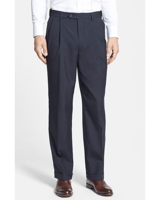 Berle Blue Self Sizer Waist Plain Weave Pleated Washable Trousers for men