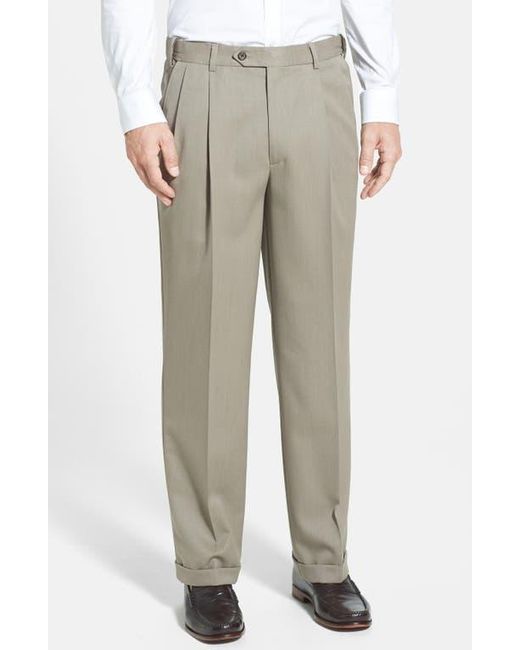 Berle Gray Self Sizer Waist Pleated Classic Fit Wool Gabardine Dress Pants for men