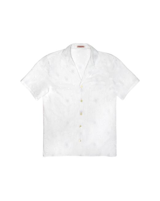 Valentino White Eyelet Embroidered Short Sleeve Button-up Shirt for men