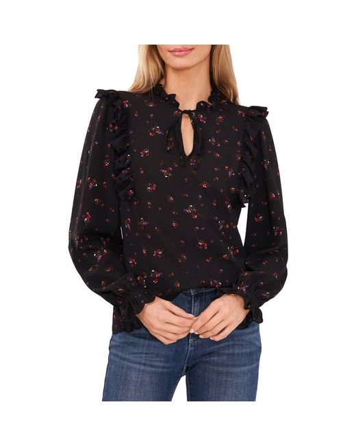 Cece Black Floral Ruffle Split Neck Blouse