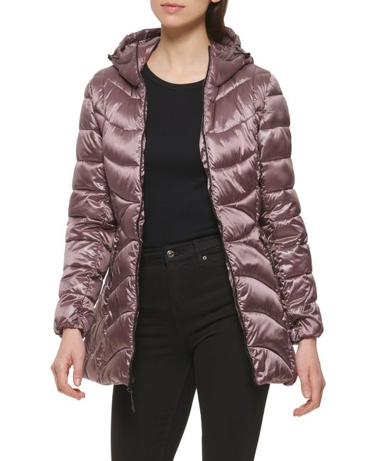 Cole Haan Faux Down A-line Hooded Jacket in Brown | Lyst