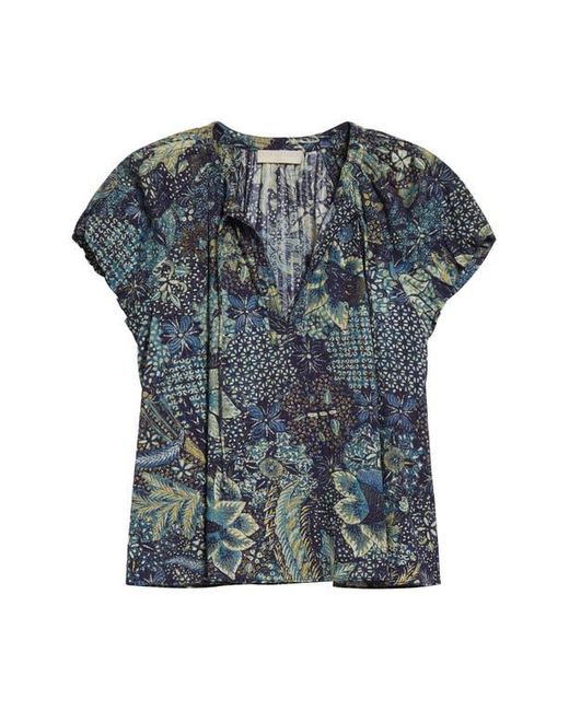 Ulla Johnson Blue Issa Mixed Print Cotton Blend Top