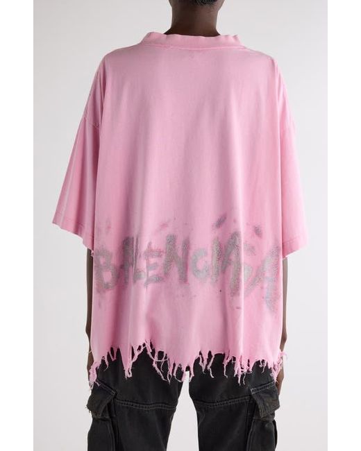 Balenciaga Pink Nail Polish Distressed Crop Logo Graphic T-Shirt