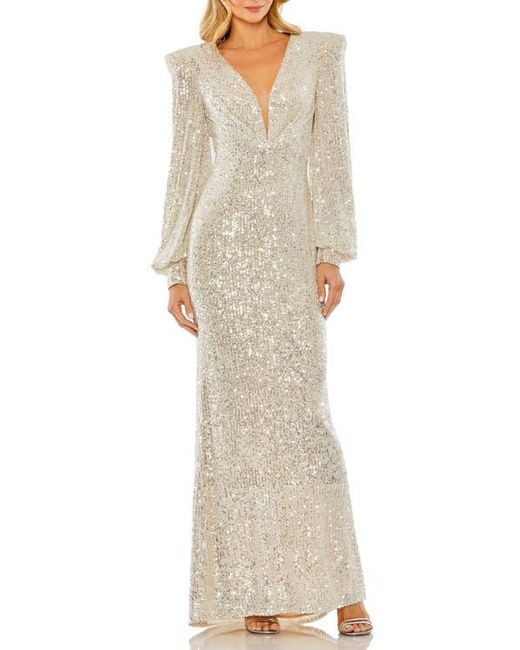 Mac Duggal Natural Sequined Plunge Neck Structured Bishop Sleeve Gown