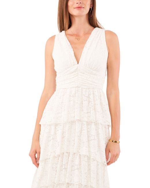 1.STATE White Cascade Ruffle Lace Midi Dress