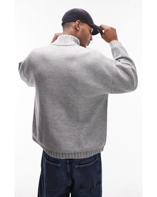Topman Gray Cable Stitch Trim Mock Neck Sweater for men